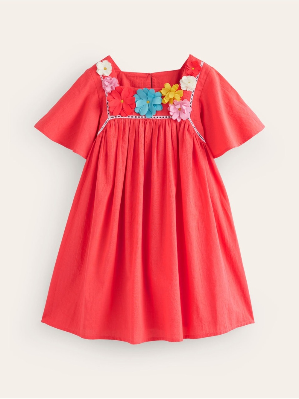 Mini Boden Coral Dress with Colorful Floral Appliques